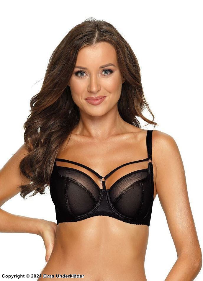 Soft cup bra, straps over bust, mesh inlay